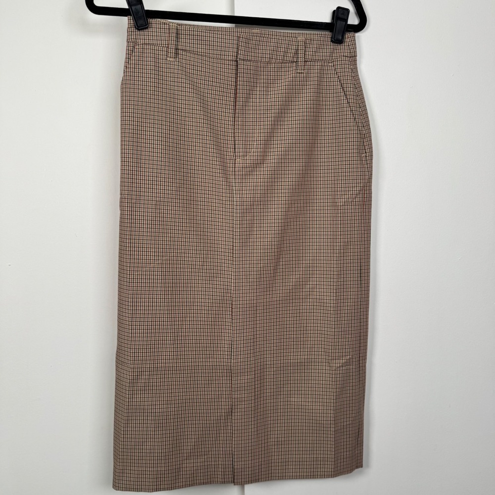 Gap Women Brown Red Glen Plaid Midi Pencil Skirt Size 4 High Waist Workwear